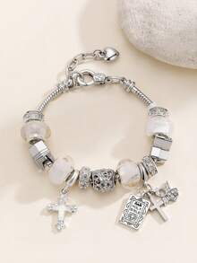 1pc Y2K Charm Bracelet, 1pc Cross Charm Bracelet, Retro Streetwear Fashion Bracelet, 1pc Cross & Heart Charm Bracelet, Glow-In-The-Dark Bracelet - Silver - View 6