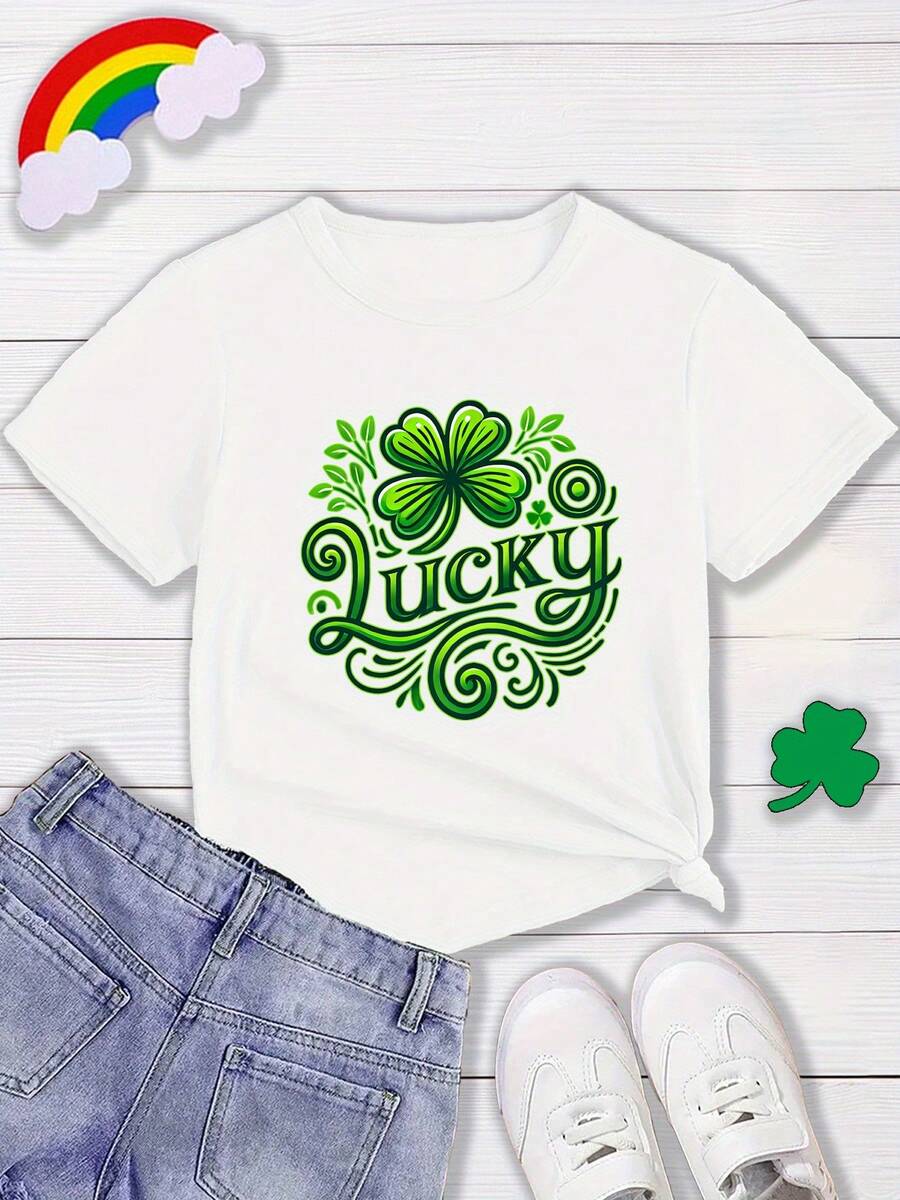 2026 Playeras de Niño Ropa de Niña San Valentín Camiseta de Manga Corta con Estampado de Trébol y Trébol de la Suerte para Niñas - Atuendo del Día de San Patricio, Blusa Casual de Cuello Redondo para Niños, Ropa Irlandesa y Regalo de Ropa de Diario 100% Algodón Camiseta Casual de Manga Corta de Cuello Redondo para Verano, Atuendo de Fiesta - Blanco - Ver 1