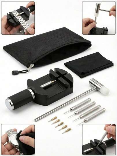 一套手表维修工具套装，DIY表带更换工具，包括1个黑色上链器、8个不同尺寸的表带针、1个小金属锤、1块手表清洁布和1个收纳袋，适合专业钟表匠使用。