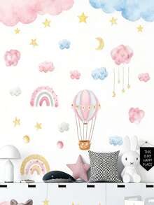 1pc Pink Hot Air Balloon, Moon, Star, Cloud Wall Sticker - Removable Decal, Suitable For Baby Girl Nursery, Bedroom, Baby Shower Party Home Decor Gift - Pink - View 4