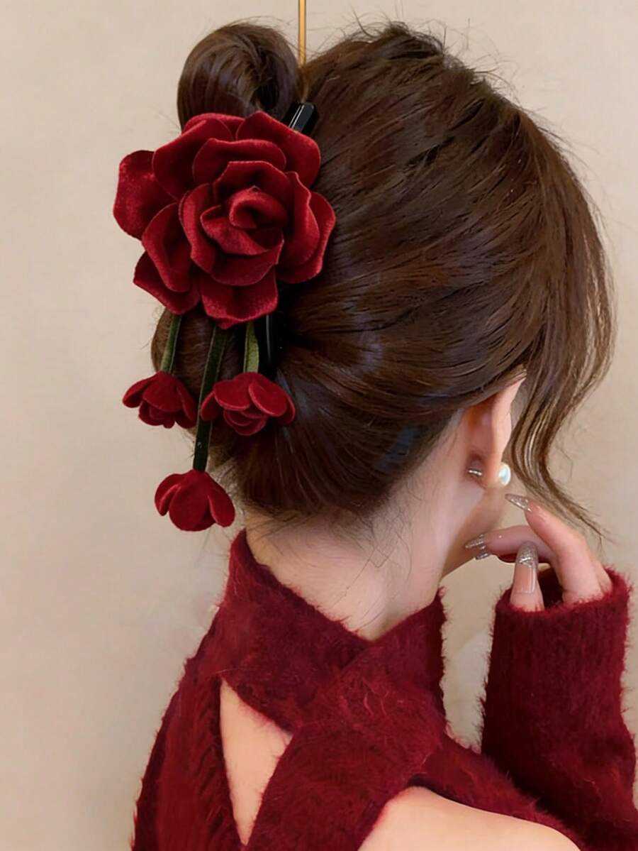 1个红色玫瑰花发爪夹，优雅时尚的女士发饰，适合假日和派对夏季装扮。 - 彩色 - 查看 1