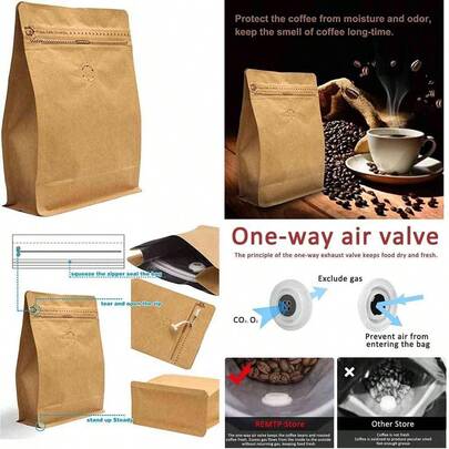 Bolsas Yuu-Goo con zipper y vlvula para caf (50 unidades) aluminio por dentro, inferior plano,bolsas de almacenamiento reutilizables con cierre lateral para el hogar o tienda (500g, Kraft)