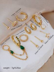 12 piezas Conjunto de aretes de cadena con gota de circonita cúbica elegante, joyería de moda para mujeres, adecuada para uso diario, citas, fiestas, festivales de música, superposición - Amarillo Oro - Ver 2