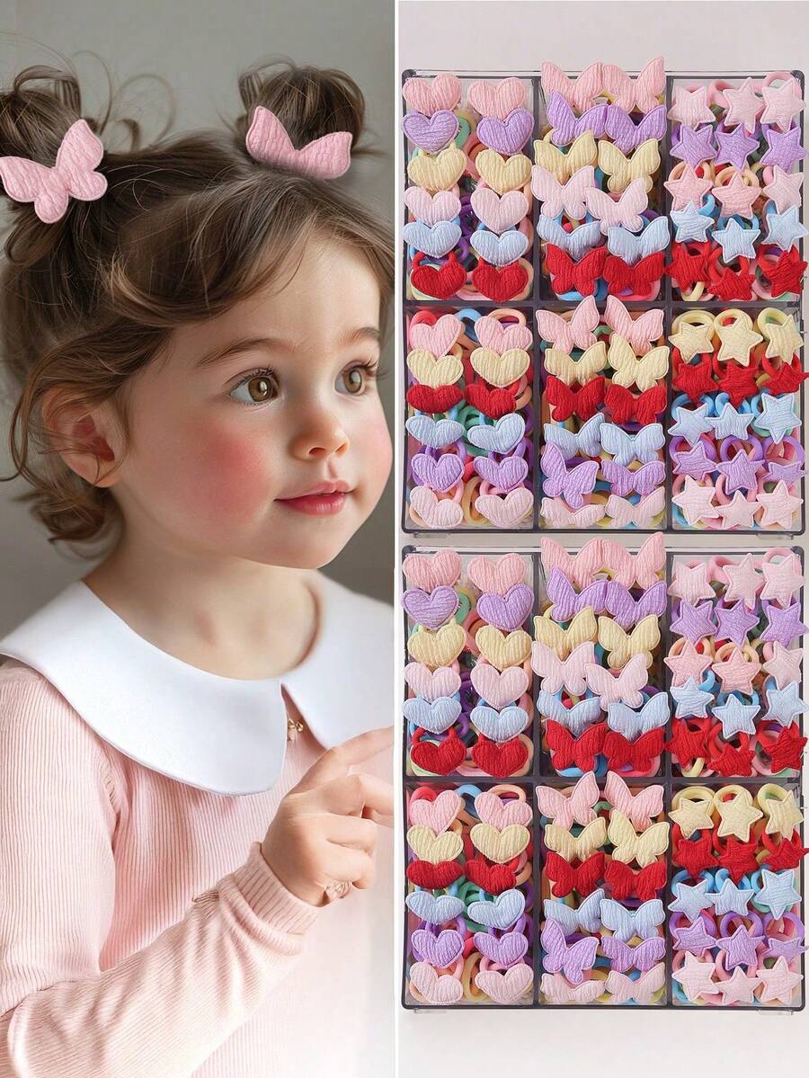 60pcs Colorful Fabric Butterfly, Heart, Star Hair Scrunchies For Teen Girls, Cute Princess Hair Ties, Durable & Stretchy, Multifunctional Hair Accessories, Suitable For Daily Use. Perfect Hair Accessory Gift For Adorable Girls. - Multicolor - View 1