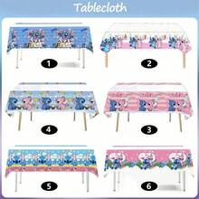 1pc Cute Cartoon Theme Party Tablecloth, Birthday Party Disposable Tableware Set Decorations, Pink And Blue, Disposable Tablecloth, Party Decorations, Cake Table Decor Props - Multicolor - View 1