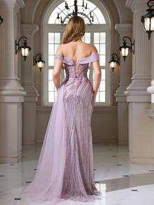 Elegant Sexy Off-Shoulder Ruched Beaded Sequin Embroidered Bodycon Mermaid Hem Mesh Maxi Dress - Mauve Purple - View 6