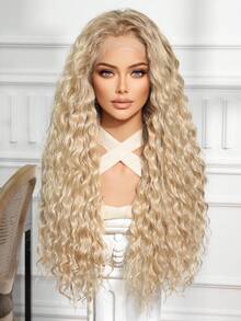 28英寸长渐变金色小到中卷多层次发型合成假发，外观自然，蕾丝前假发，13*4手工编织蕾丝，化纤发丝，日常佩戴，进口丝绸，适合派对、婚礼、音乐节、万圣节等场合，可作礼物。 - 彩色 - 查看 4