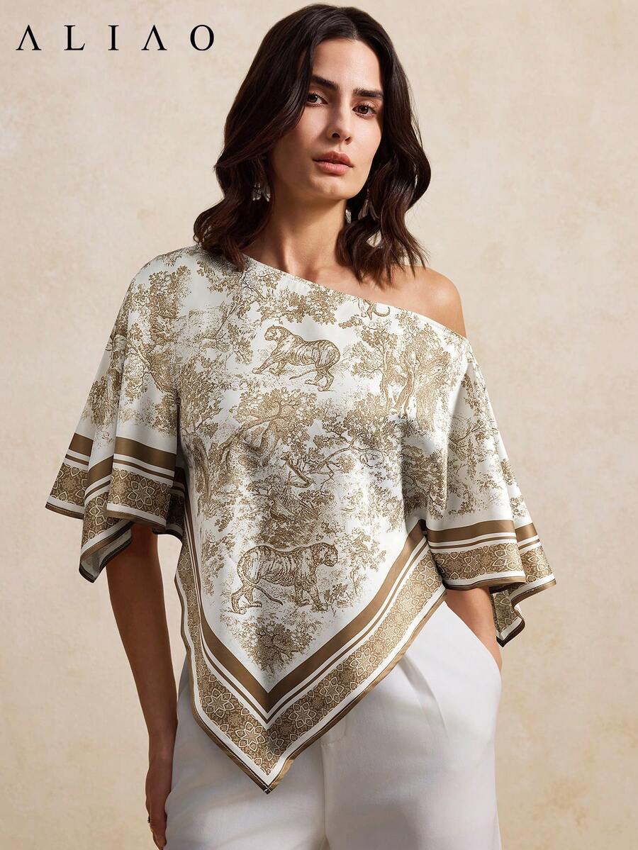 Aliao High-End Sunset Print Off-The-Shoulder Batwing Sleeve Top, Eye-Catching Outfits, New Year, Valentine's Day Outfit, Elegant Ladies, Beach Outfit, Thanksgiving Outfit, Graduation, Back To School, Holiday Outfits - Multicolor - View 1