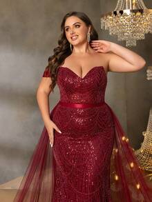 Faeriesty Women's Glamorous Plus-Size Off-The-Shoulder Evening Gown With Sparkling Sequin Embellished – Perfect For Galas, Receptions, Balls, Ceremonies - Burgundy - View 7
