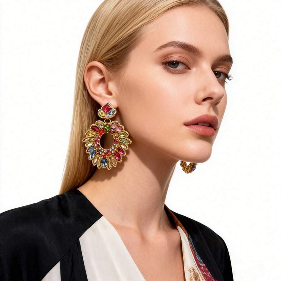 2PCS Vintage Court Style Elegant Colorful Hollow Flower Women's Earrings Suitable For Women's Weddings, Banquets, And Parties - 黑色 - 查看 1
