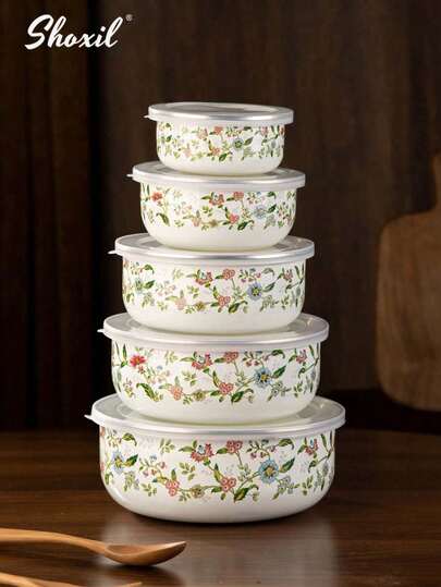 shoxil Set di 3/5 ciotole per mescolare smaltate, set di ciotole nidificate con coperchi, ciotole per frutta, cereali, gelato, insalate e servire, contenitori per la conservazione degli alimenti per casa, cucina, campeggio, Ramadan, Eid Al-Adha