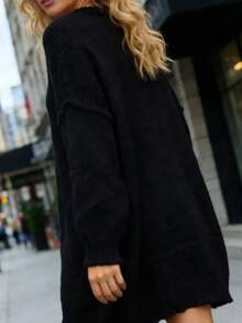 Plus Size Women Knitted Sweater, Elegant, Stylish, Loose Fit, Crew Neck, Long Sleeve, Solid Color, Suitable For Christmas, Autumn/Winter - Black - View 4