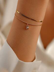 2pcs Minimalist Square Cubic Zirconia Multi-Layer Bracelet, Elegant & Suitable For Women's Daily Wear - Yellow Gold - View 1
