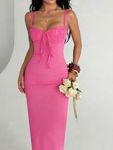 Onicee 夏季连衣裙，红色蕾丝拼接开衩吊带优雅连衣裙，适合情人节、约会、聚会、派对、旅行、度假、海滩等场合。 - 玫紅色 - 查看 3