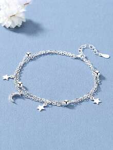 可调节银色奢华双层星月闪亮链条手链（女士款） - 銀色 - 查看 3