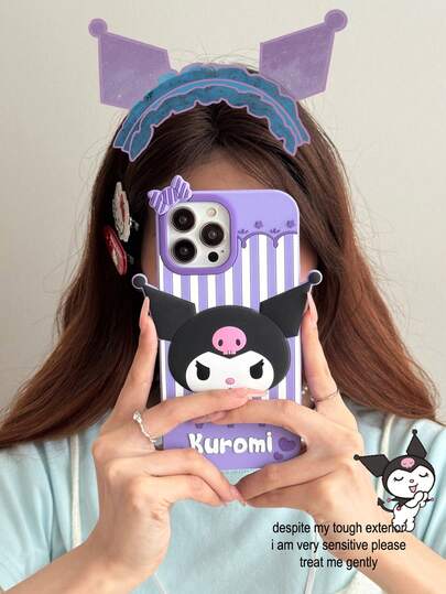  Sanrio Cartoon Cute Striped Polka Dot Kuromi Compatible With IPhone 16 Phone Case, Soft Silicone 17/15 14Pro Plaid 13ProMax 12Pro 11 New Model Super Adorable 3D Phone Protective Cover