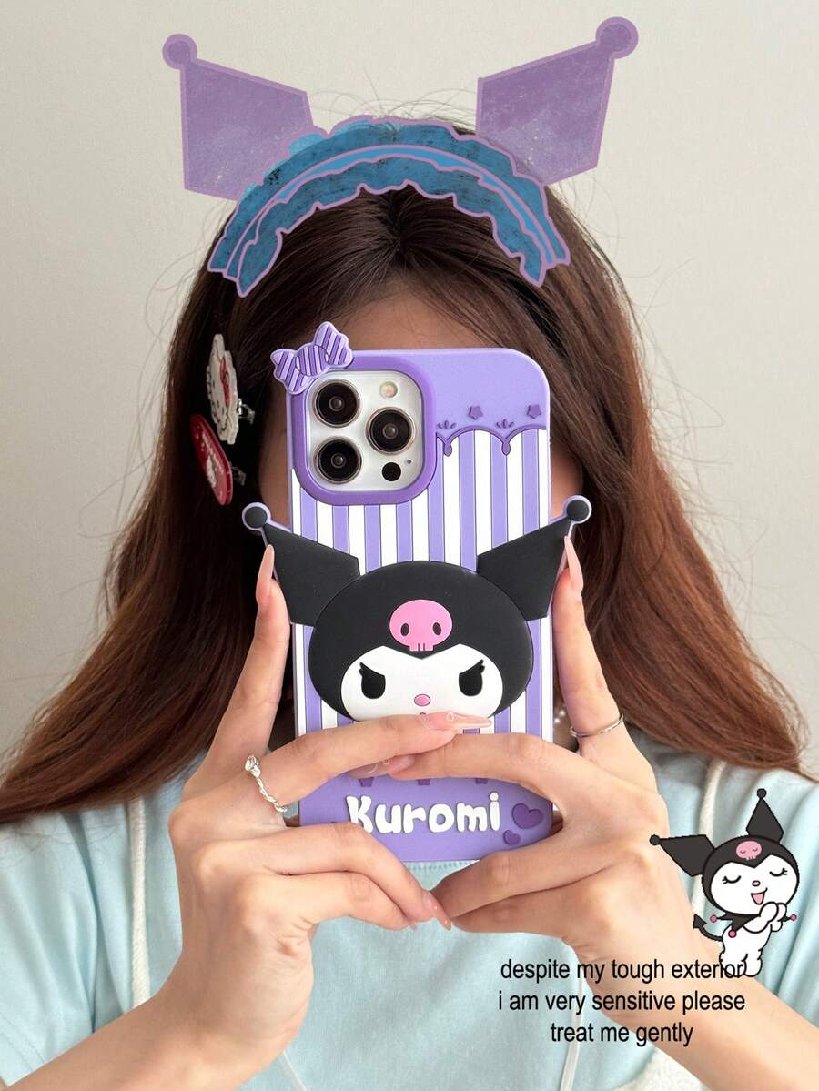SANRIO 三丽鸥卡通可爱条纹波点库洛米手机壳,兼容 16、17/15、14Pro、13Pro Max、12Pro、11等新款,柔软硅胶材质,超萌3D手机保护套 - 紫色 - 查看 1