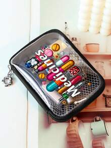 Compact And Portable Medical Kit Printed With "Medicines" And Pill Pattern,Travel Zipper Medical Kit,Transparent Medicine Storage Bag,Medicine-Themed Storage Bag, Version Of Travel And Home Portable Storage Bag,Transparent Waterproof Storage Bag,Mini Makeup Bag,For Medicines, Cosmetics, And Data Cable - Multicolor - View 15