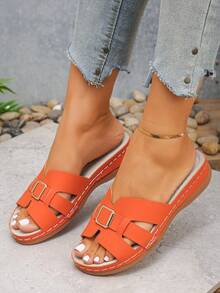 Plus Size Women's Summer New Fashion Casual High-Quality Orange PU Round Toe Wedge Heel Thick Sole Slip-On Sandals, Suitable For Daily Wear, Beach, Lightweight And Comfortable, Slip-On, Mother Shoes - Premium Orange PU - View 2