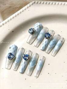 10/30pcs Cobalt Blue Cascading Crystals - Asymmetric Heart Pendant, Sparkling Like Diamonds, Luxurious 3D Cluster Decoration, Suitable For Nail Art, Adhesive, Nail Gemstones - 藍色 - 查看 4