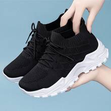 女士时尚百搭系带休闲厚底运动鞋 - 黑色 - 查看 2