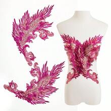 [Free Shipping]Silvora Pair Embroidery Phoenix Costume Sequin Appliques Patches, Peacock Feather Tail Applique Embellishments For Dance Dresses,Clothes,T-Shirt,Neckline Bodice Pants (Rose Red) - 玫瑰紅色 - 查看 1