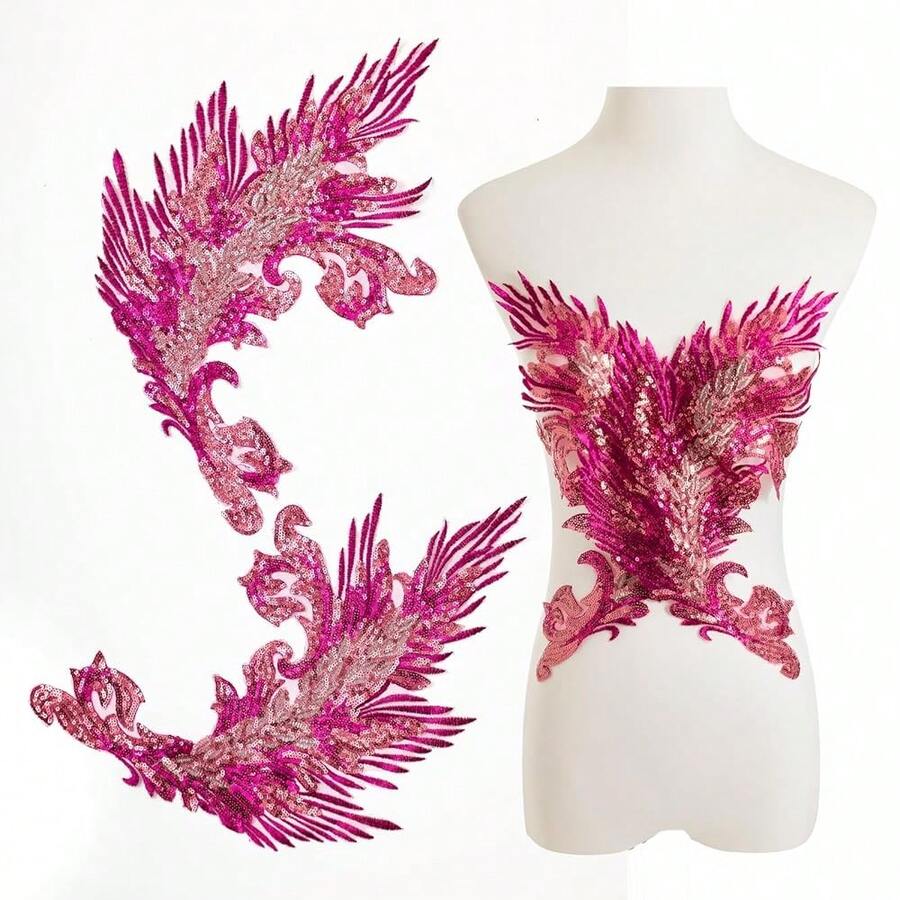 [Free Shipping]Silvora Pair Embroidery Phoenix Costume Sequin Appliques Patches, Peacock Feather Tail Applique Embellishments For Dance Dresses,Clothes,T-Shirt,Neckline Bodice Pants (Rose Red) - 玫瑰紅色 - 查看 1
