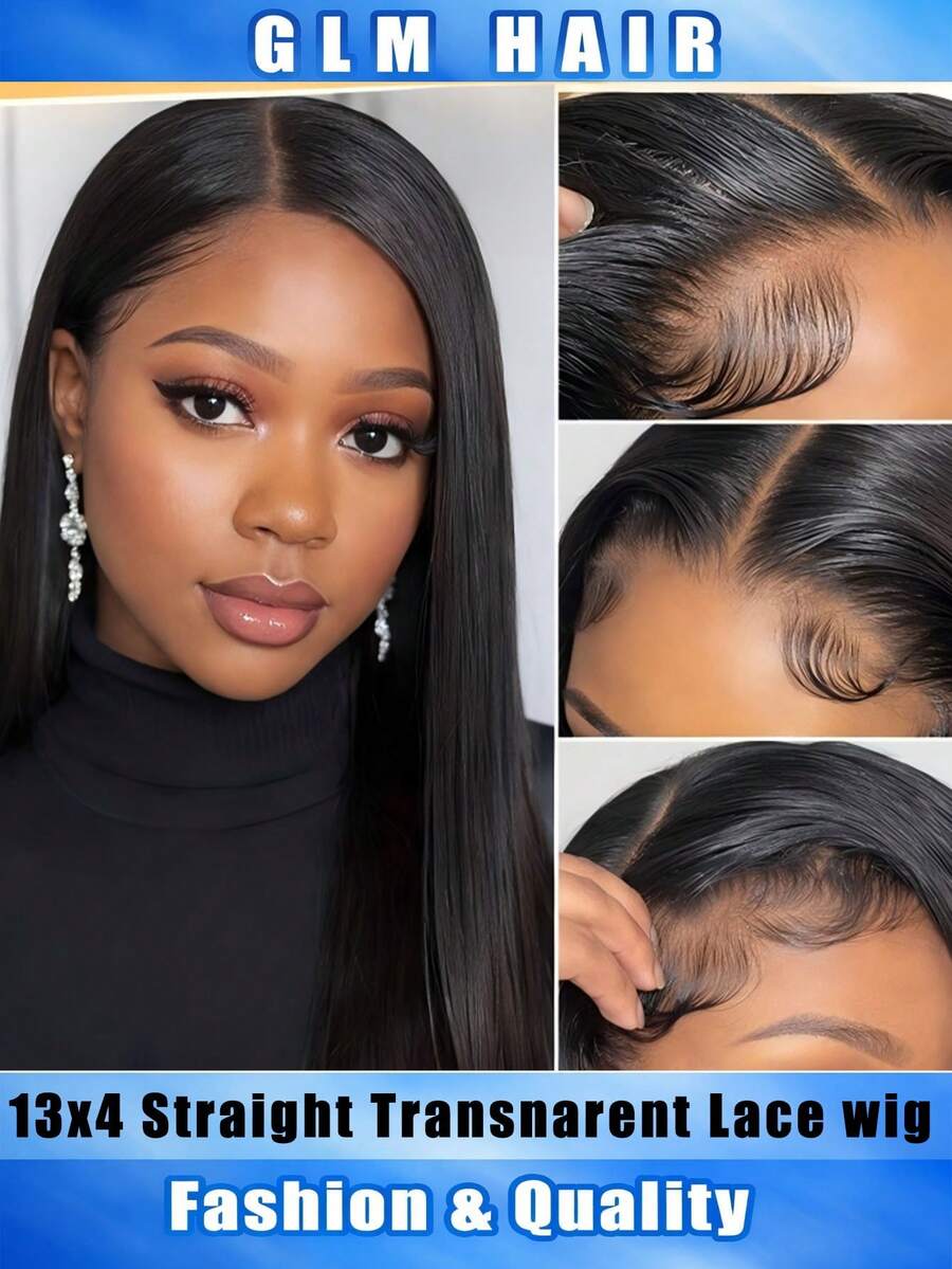 真人发蕾丝前假发 13x4 直发蕾丝前假发 高清透明 200% 密度 无胶假发 预先拔毛 带婴儿发