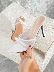 Women's Fashion Mesh Pointed Toe Bow Tie High Heel Sandals, Elegant Romantic Elegant Versatile Nightclub Runway Stiletto Slide Sandals - White - View 2