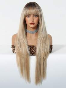 28 Inch Long Ombre Golden Wig With Bangs, Made Of Natural Synthetic Fiber, Heat Resistant Long Wig For Cosplay, Suitable For Women's Daily, Party, Cosplay And Other Occasions - Gold - View 4