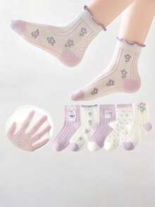 5 pares de calcetines de malla para niñas, ligeros, con lindos patrones florales y de conejo, adecuados para niñas de 1 a 16 años, para el verano - Multicolor - Ver 4
