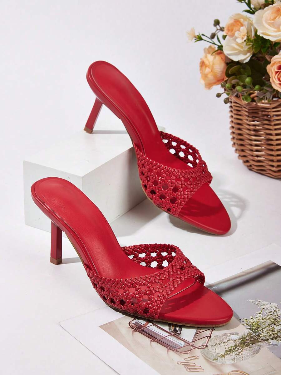 西式婚礼宴会简约高端尖头手工编织镂空踝带粗跟凉鞋，夏季穿搭 - 紅色 - 查看 1