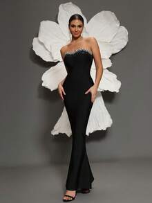 Handmade Rhinestone Embellished Bandage Bodycon Dress, Strapless Mermaid Silhouette, Luxury Sexy Fashion For Family Gathering, Party, Banquet, Evening Gown - Black - View 4