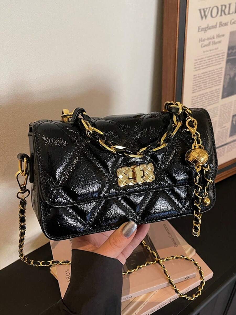 Fashionable High-Quality Quilted Embroidery Design Flap Metal Buckle Small Square Bag With Chain Strap, Elegant Shoulder/Crossbody Bag For Women - Black - View 1