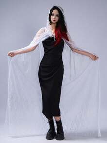1pc Halloween Dark Style Lace Double-Layer Cloak Costume, Fashionable Black
