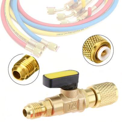 Válvula de bola de paso recto SAE, rosca externa de 1/4" a rosca interna de 1/4", válvula para líquido refrigerante para aire acondicionado y refrigerador con carga de refrigerante R22 AC, con adaptador  para válvula