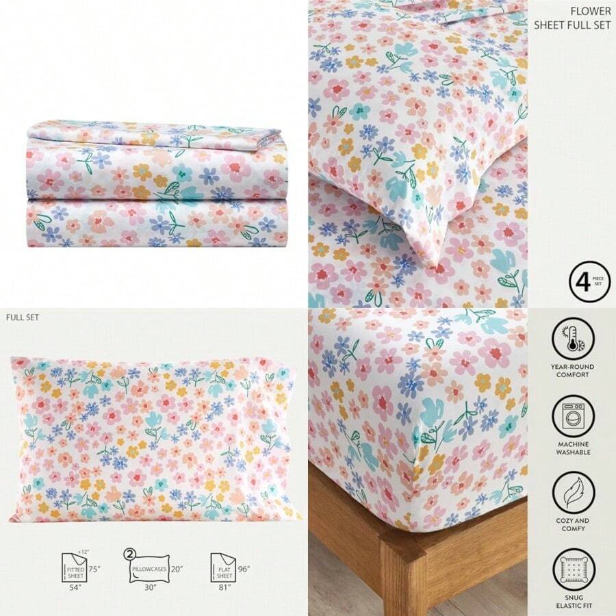 4-Piece Full Sheet Set Multi-Color Ditsy Floral Design Includes Top Sheet Fitted Sheet And 2 Pillowcases Soft Microfiber Bedding For Girls' Bedroom Or Guest Room - Floral - 查看 1