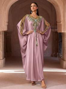 奢华粉色缀饰长袖卡夫坦长袍，优雅中东风格，阿拉伯女士长袍，阿巴雅，端庄优雅