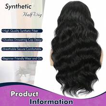 24英寸合成半假发，三合一波浪卷黑色半假发，无缝翻转式无胶佩戴，适合初学者，长波浪卷发发箍假发 - 彩色 - 查看 5
