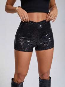 Quần short siêu ngắn lấp lánh màu đen kiểu Y2K, phù hợp cho các bữa tiệc rave và lễ hội âm nhạc, quần thời trang nữ, trang phục Giáng sinh phong cách Y2K cho nữ, mùa hè - màu đen - Xem 3