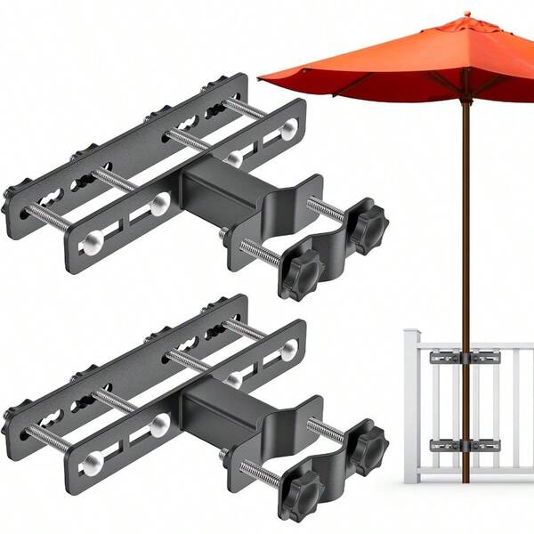 Dolibest Parasol Clamp Balcony 2pcs Patio Umbrella Holder Heavy Duty Fence Deck Mount Bracket Adjustable Sun Umbrella Fixing Clip Space Saving Design For Maximum 6.6 X 6cm Post Railing Max 5.6cm Pole