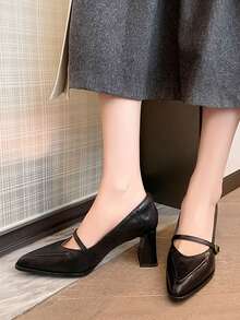 女士法式复古玛丽珍鞋，新款尖头粗跟单带高跟鞋 - 黑色 - 查看 2