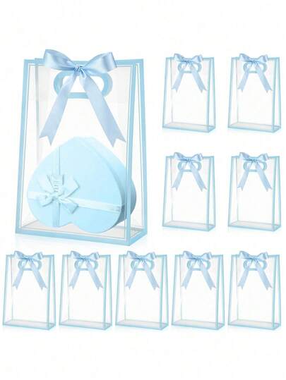 3/1 Set Transparent Plastic Gift Bags With Die-Cut Handles, Reusable PP Material With Ribbons, Suitable For Weddings, Bridal Showers, Birthday Parties, Baby Showers, Small Businesses (Blue)
