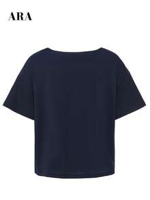 ARA CHIC 女士藏蓝色不对称落肩字母印花短袖T恤，撞色数字图案休闲圆领上衣，春夏度假学院风 - 藏蓝色 - 查看 6