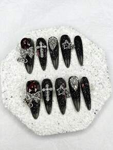 10片装奢华手工按压式美甲贴片，暗黑性感少女假指甲，蝴蝶结星形十字钻紫色尖头杏仁形美甲贴纸，美甲护理工具（1片果冻贴片+1个指甲锉）