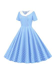 Women's 50s Vintage Polka Dot Swing Dress - Double Breasted Notch Lapel Rockabilly Cocktail Midi Dress - 淺藍色 - 查看 3