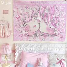 Kawaii Anime Pink Girl Tapestry – Home Decor Wall Hanging Bedroom Background Decor Cute Fashion Lady Tapestries For Living Room - T7-01-GT - 查看 3
