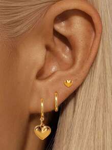 Bộ 3 bông tai hình trái tim bằng thép không gỉ, quà tặng ngày Valentine, phụ kiện thời trang dành cho nữ, mạ vàng 18k, không phai màu, có thể tháo rời và đeo riêng. - bông tai - Xem 2