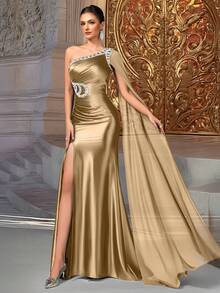 VIPGIRL 优雅玫瑰金单肩缎面正式晚礼服，饰有串珠和高开衩，女士舞会礼服，奢华长裙，女士正式礼服，女士正式晚礼服，长款正式礼服，情人节婚礼春季派对 - 玫瑰金 - 查看 1