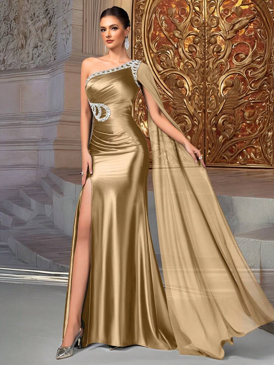 VIPGIRL 优雅玫瑰金单肩缎面正式晚礼服，饰有串珠和高开衩，女士舞会礼服，奢华长裙，女士正式礼服，女士正式晚礼服，长款正式礼服，情人节婚礼春季派对 - 玫瑰金 - 查看 1